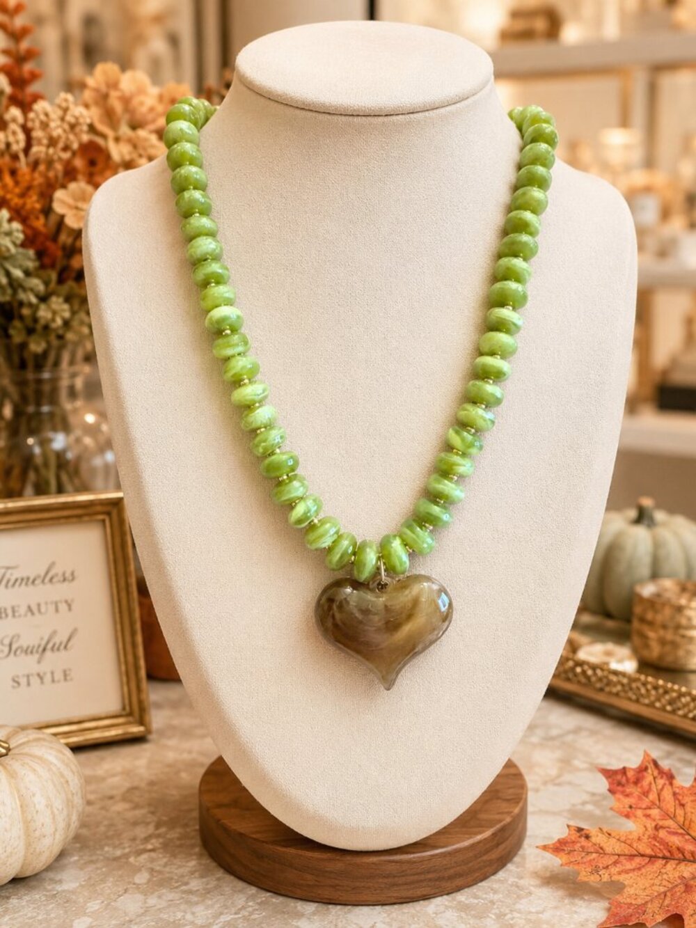 Green Beaded Heart Necklace, Brown Marbled Heart Pendant, Lime Green Statement